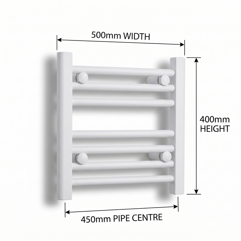 White heated towel rail dimensions — 500mm x 400mm — matt white ladder radiator size guide | Elegant Radiators UK