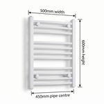 White heated towel rail dimensions — 500mm x 600mm — matt white ladder radiator size guide | Elegant Radiators UK