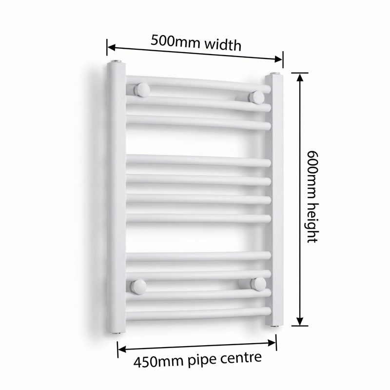 White heated towel rail dimensions — 500mm x 600mm — matt white ladder radiator size guide | Elegant Radiators UK