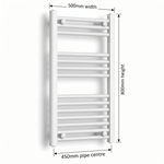 White heated towel rail dimensions — 500mm x 800mm — matt white ladder radiator size guide | Elegant Radiators UK
