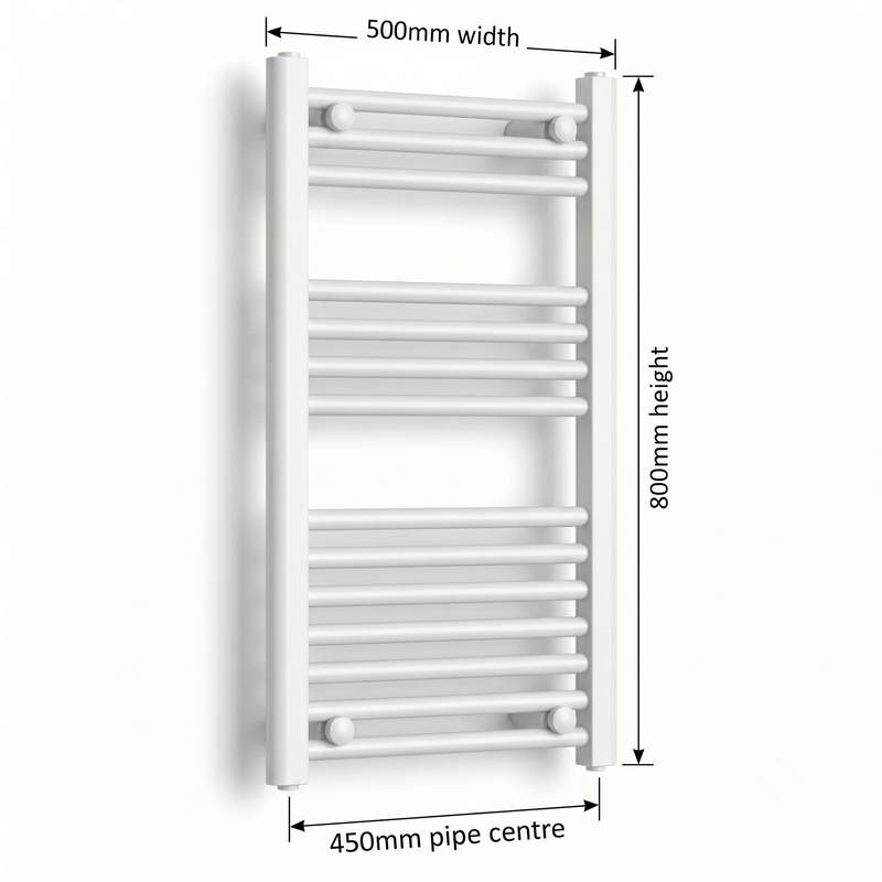 White heated towel rail dimensions — 500mm x 800mm — matt white ladder radiator size guide | Elegant Radiators UK