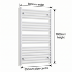 White heated towel rail dimensions — 600mm x 1000mm — matt white ladder radiator size guide | Elegant Radiators UK