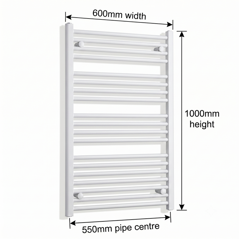 White heated towel rail dimensions — 600mm x 1000mm