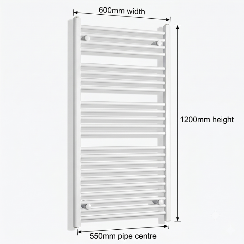 White heated towel rail dimensions — 600mm x 1200mm — matt white ladder radiator size guide | Elegant Radiators UK