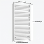White heated towel rail dimensions — 600mm x 1200mm