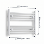 White heated towel rail dimensions — 600mm x 400mm — matt white ladder radiator size guide | Elegant Radiators UK