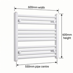 White heated towel rail dimensions — 600mm x 600mm — matt white ladder radiator size guide | Elegant Radiators UK