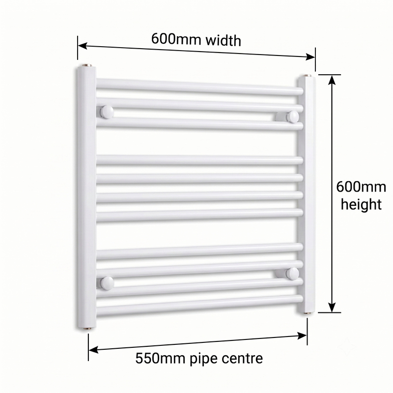 White heated towel rail dimensions — 600mm x 600mm