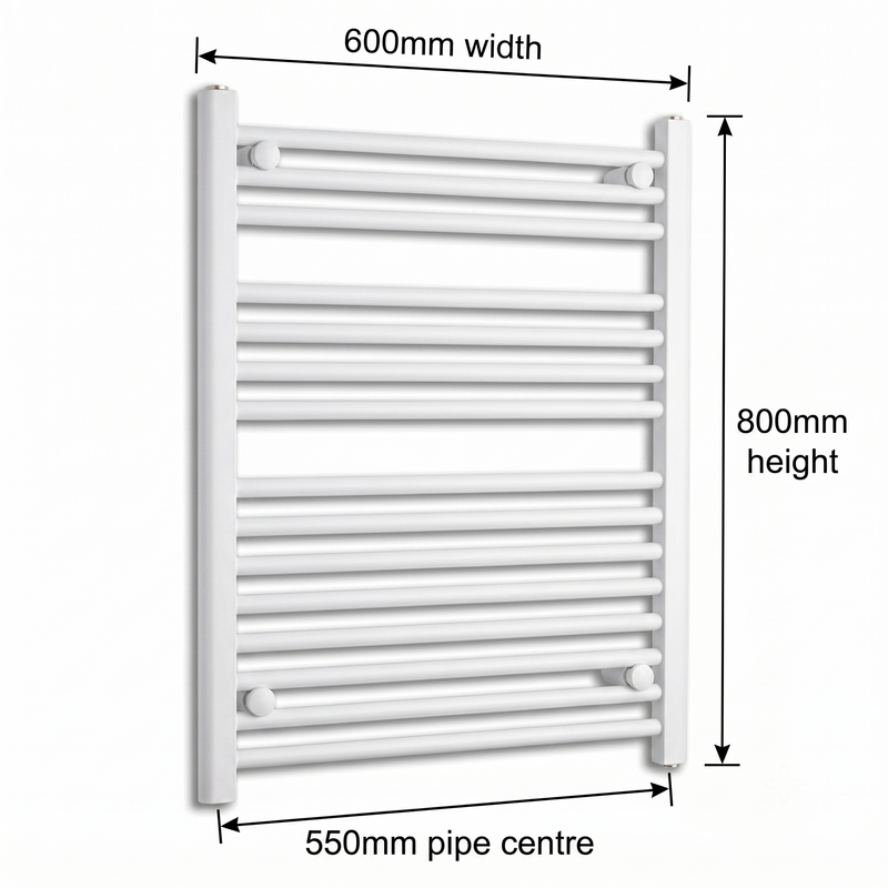 White heated towel rail dimensions — 600mm x 800mm — matt white ladder radiator size guide | Elegant Radiators UK
