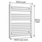White heated towel rail dimensions — 600mm x 800mm