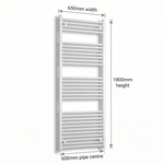 White heated towel rail dimensions — 650mm x 1800mm — matt white ladder radiator size guide | Elegant Radiators UK