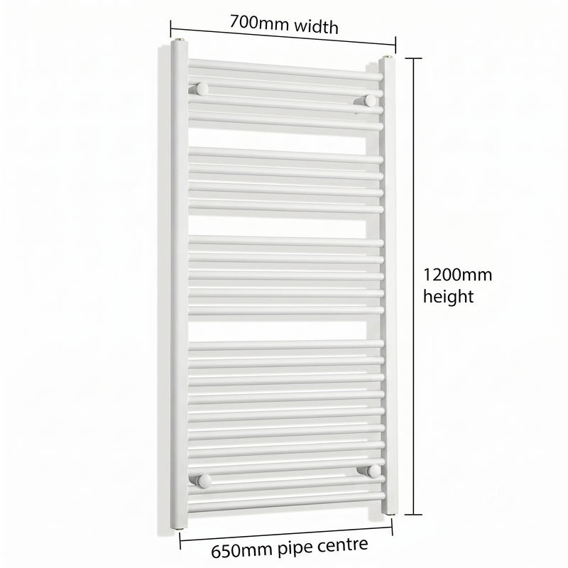 White heated towel rail dimensions — 700mm x 120mm — flat panel radiator technical drawing showing pipe centres, width, and height measurements