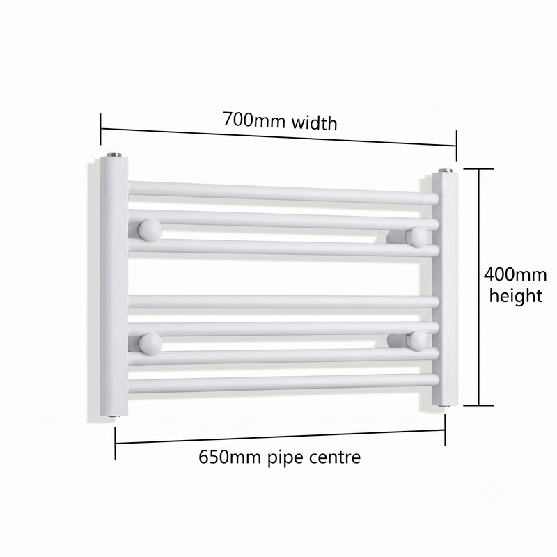 White heated towel rail dimensions — 700mm x 400mm — flat panel radiator technical drawing showing pipe centres, width, and height measurements
