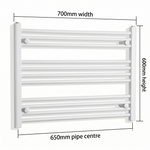 White heated towel rail dimensions — 700mm x 600mm — flat panel radiator technical drawing showing pipe centres, width, and height measurements