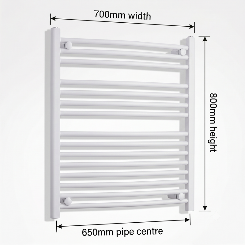 White heated towel rail dimensions — 700mm x 800mm — flat panel radiator technical drawing showing pipe centres, width, and height measurements