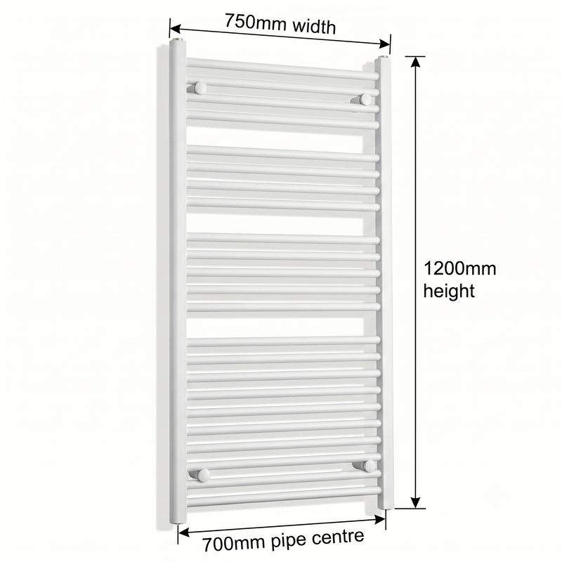 White heated towel rail dimensions — 750mm x 1200mm