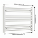 White heated towel rail dimensions — 750mm x 600mm