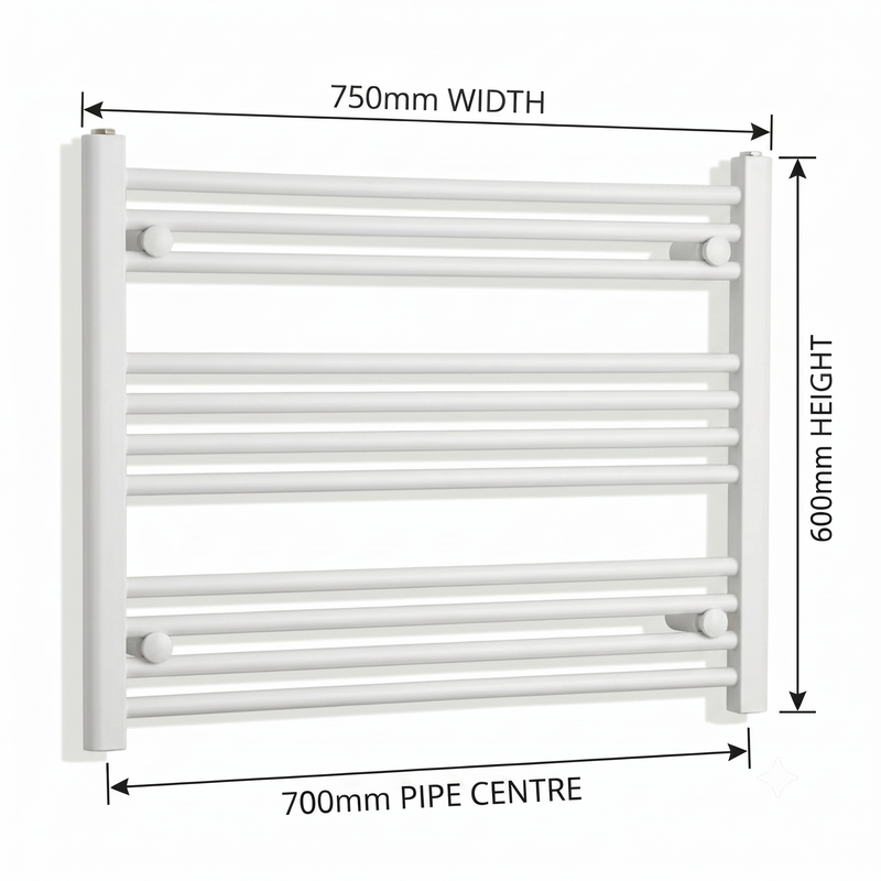 White heated towel rail dimensions — 750mm x 600mm