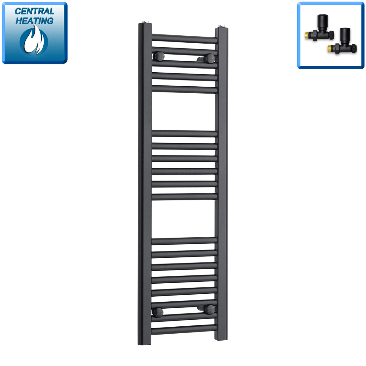 With Straight Inline Valves 1000 mm High 300 mm Wide Black Towel Rail Central Heating