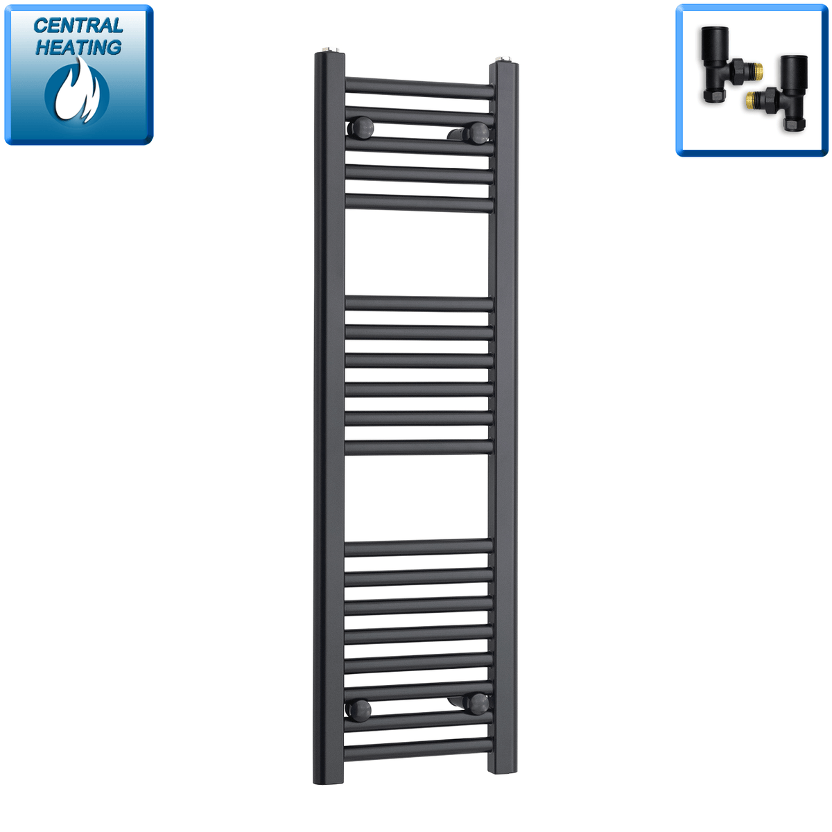 With Angled Valves 1000 mm High 300 mm Wide Black Towel Rail Central Heating