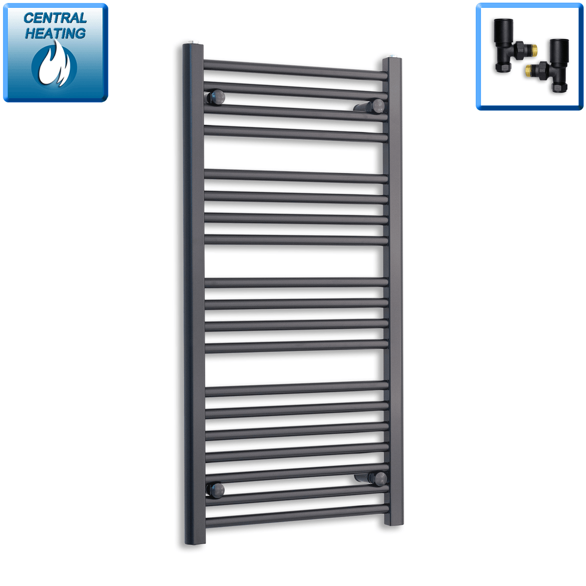 With Angled Valves 1000 mm High x 500 mm Wide Heated Towel Radiator Flat Black