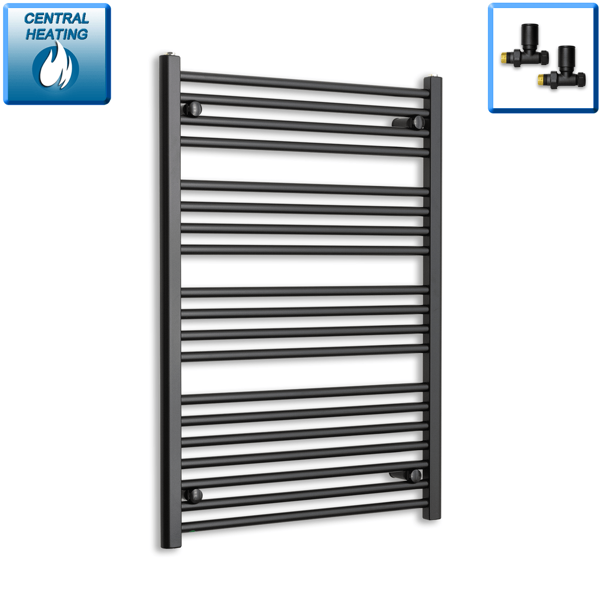 With Straight Inline Valves 1000 mm High x 700 mm Wide Heated Towel Radiator Flat Black