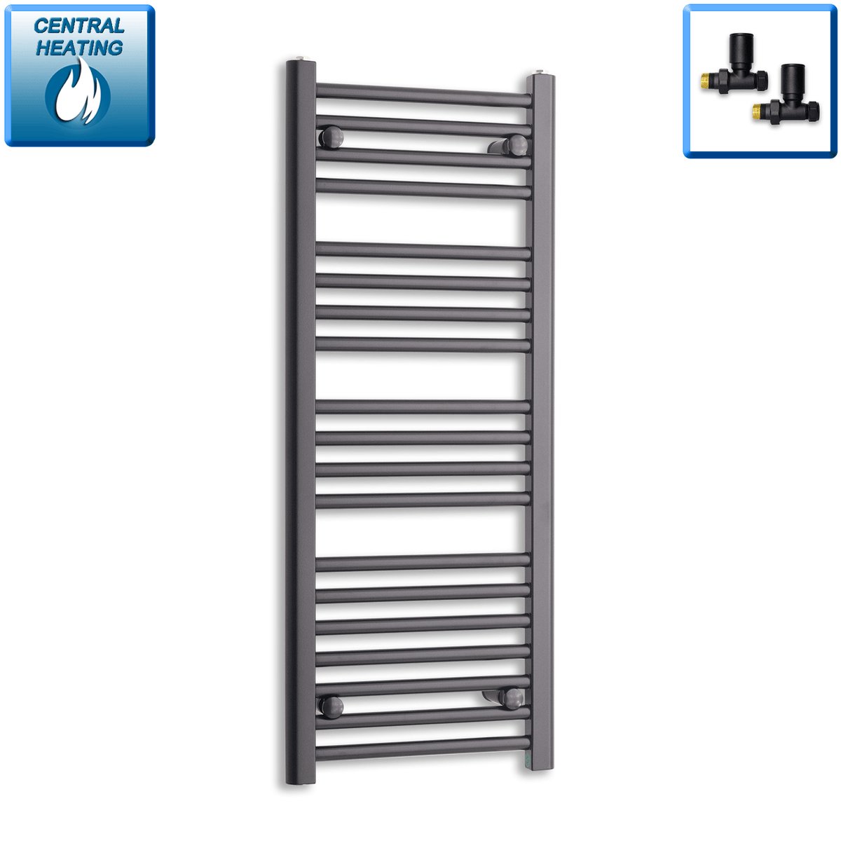 With Straight Inline Valves 1000 x 400 Towel Rail Radiator Flat Black Central Heating