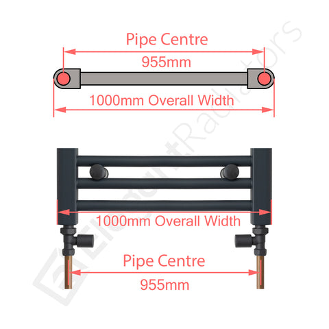 1000mm Wide Towel Rail Pipe Centre / Axis 955mm diagram