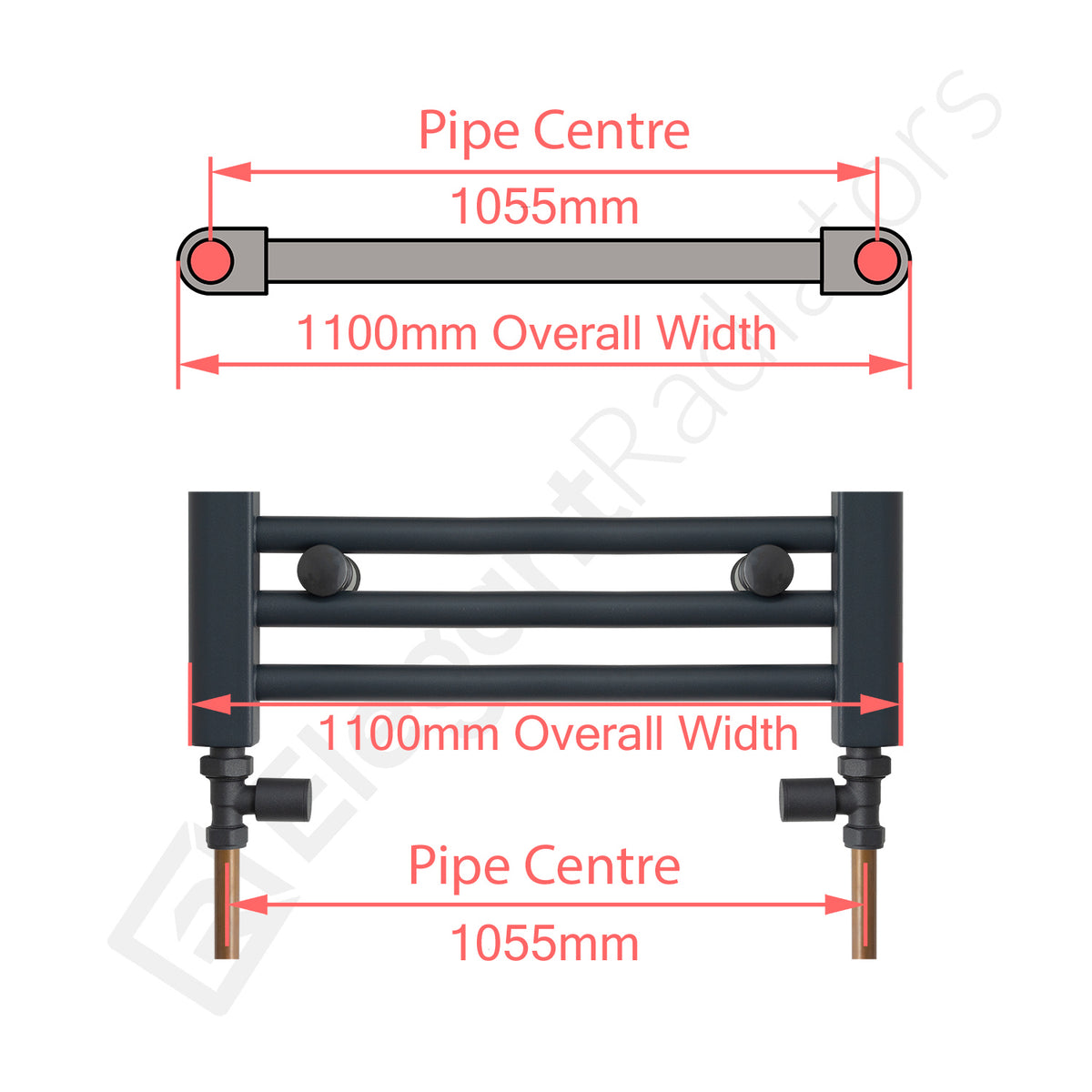 1100mm Wide Towel Rail Pipe Centre / Axis 1055mm diagram