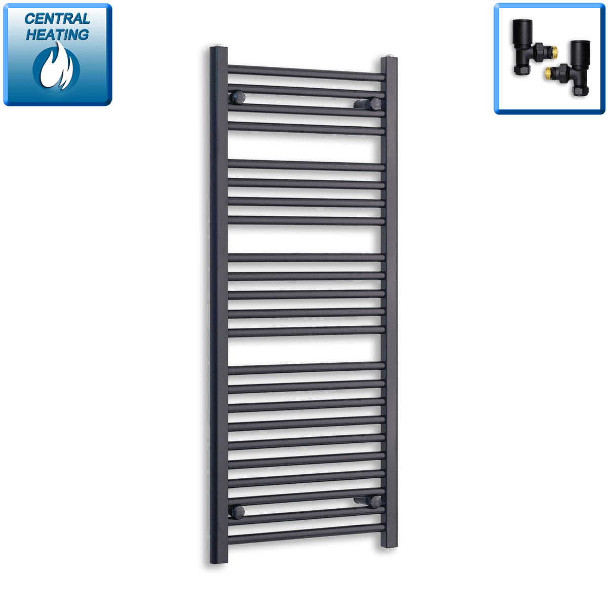 With Angled Valves 1200 mm High 600 mm Wide Black Towel Radiator Central Heating