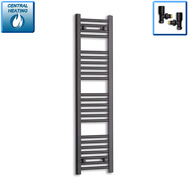 With Angled Valves 1200 mm High x 300 mm Wide Heated Towel Radiator Flat Black