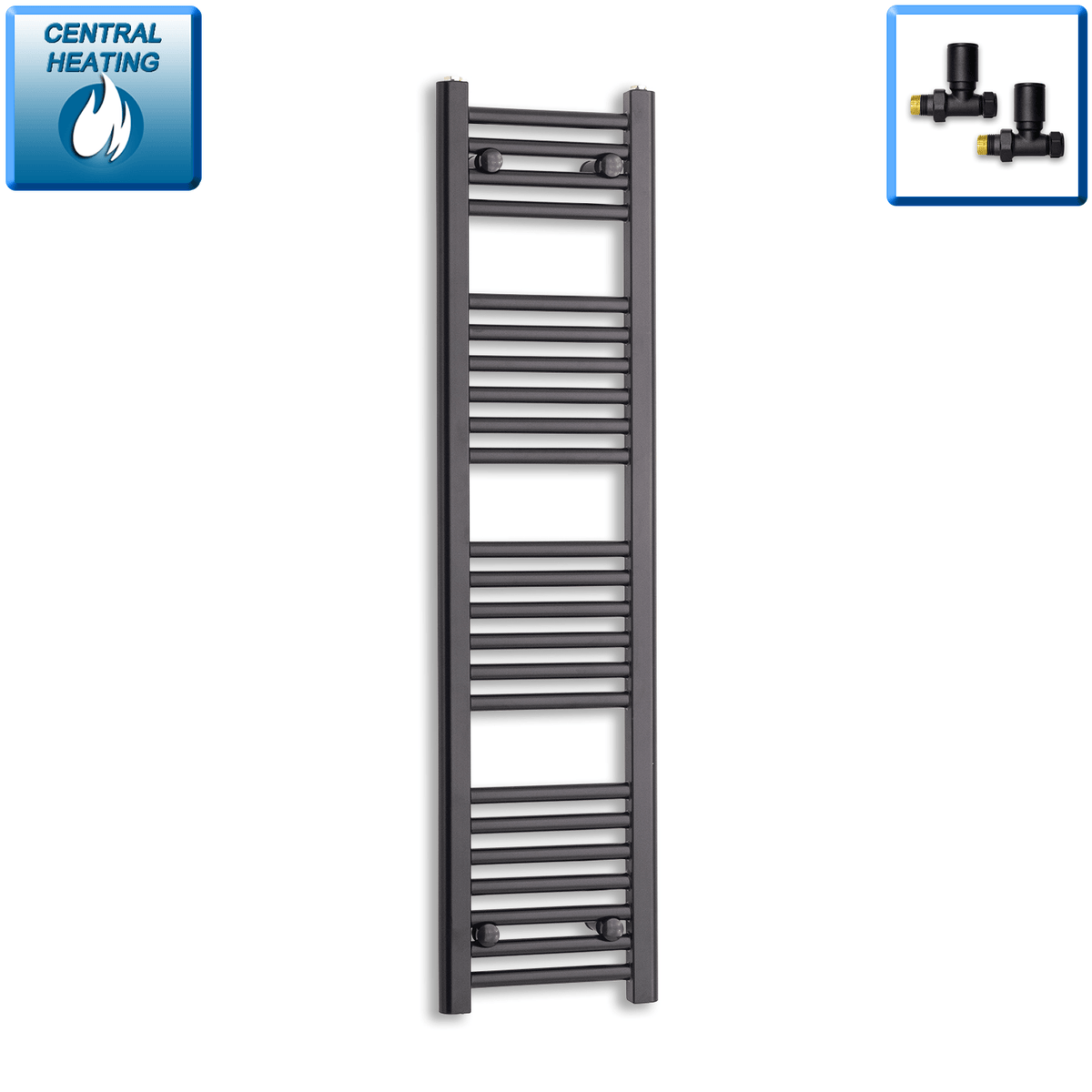 With Straight Inline Valves 1200 mm High x 300 mm Wide Heated Towel Radiator Flat Black