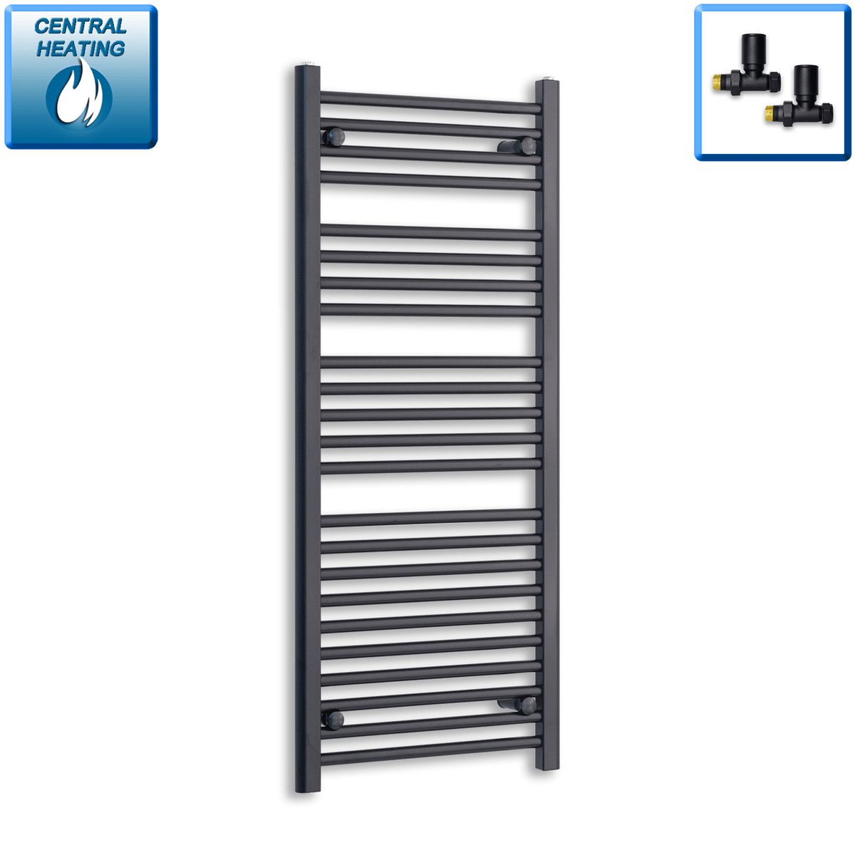 With Straight Inline Valves 1200 mm High x 450 mm Wide Heated Towel Radiator Flat Black