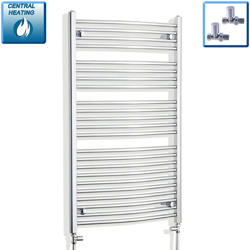 With Straight Inline Valves 1200 mm High x 700 mm Wide Heated Curved Towel Rail Radiator Chrome