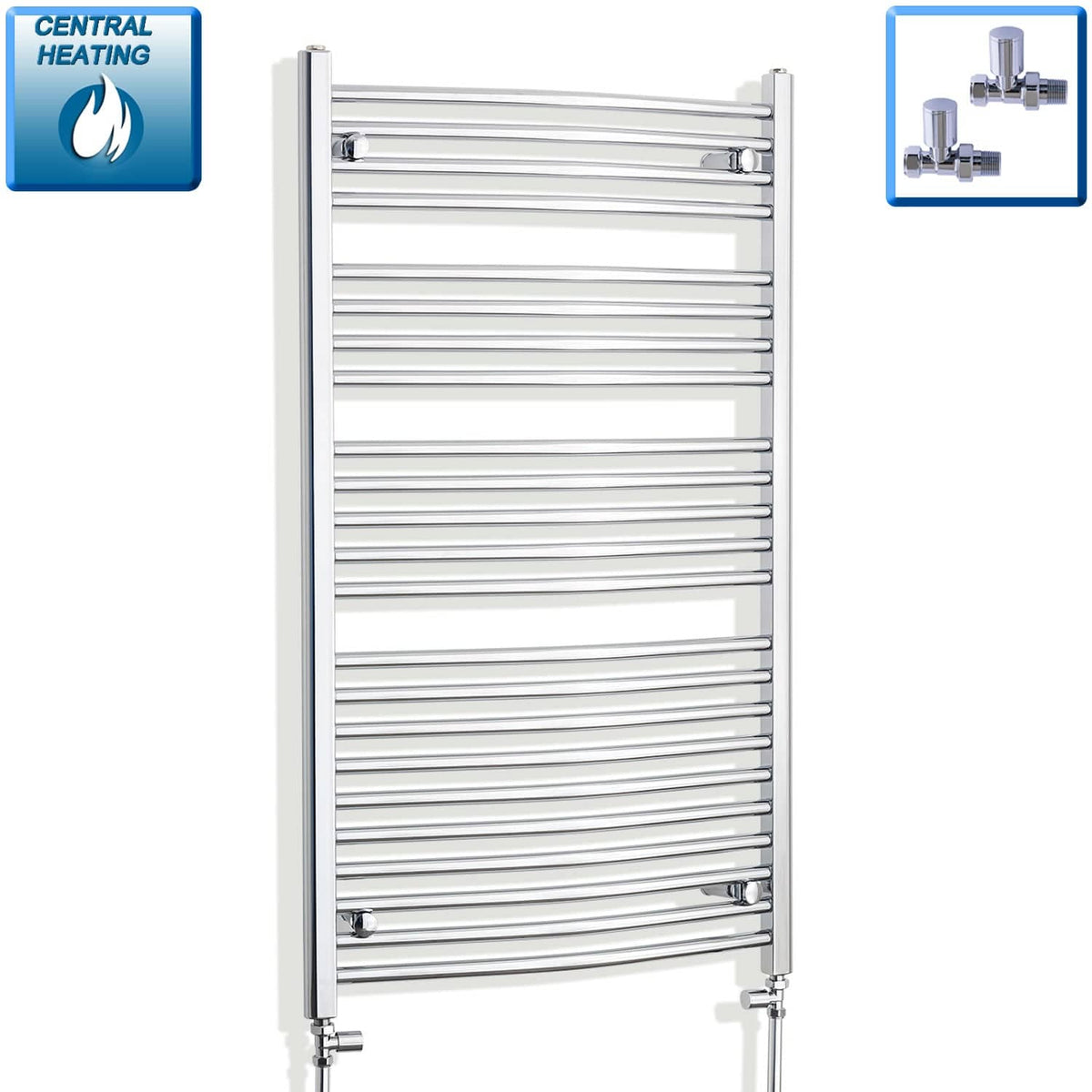 With Straight Inline Valves 1200 mm High x 700 mm Wide Heated Curved Towel Rail Radiator Chrome