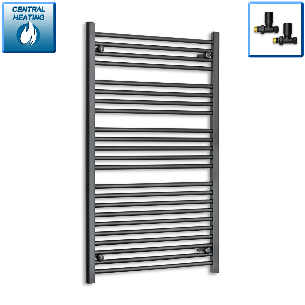 With Straight Inline Valves 1200 mm High x 700 mm Wide Heated Towel Radiator Flat Black