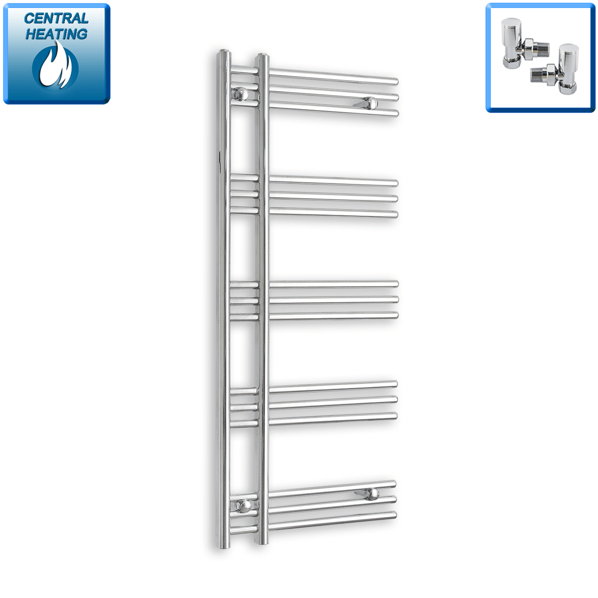 With Angled Valves 1200 x 500 Difta Heated Towel Rail Radiator Flat Chrome