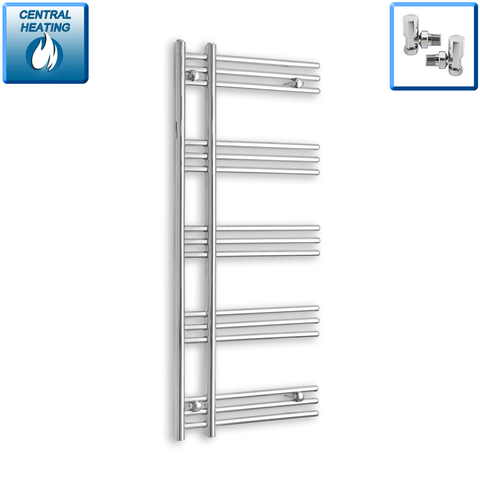 With Angled Valves 1200 x 500 Difta Heated Towel Rail Radiator Flat Chrome