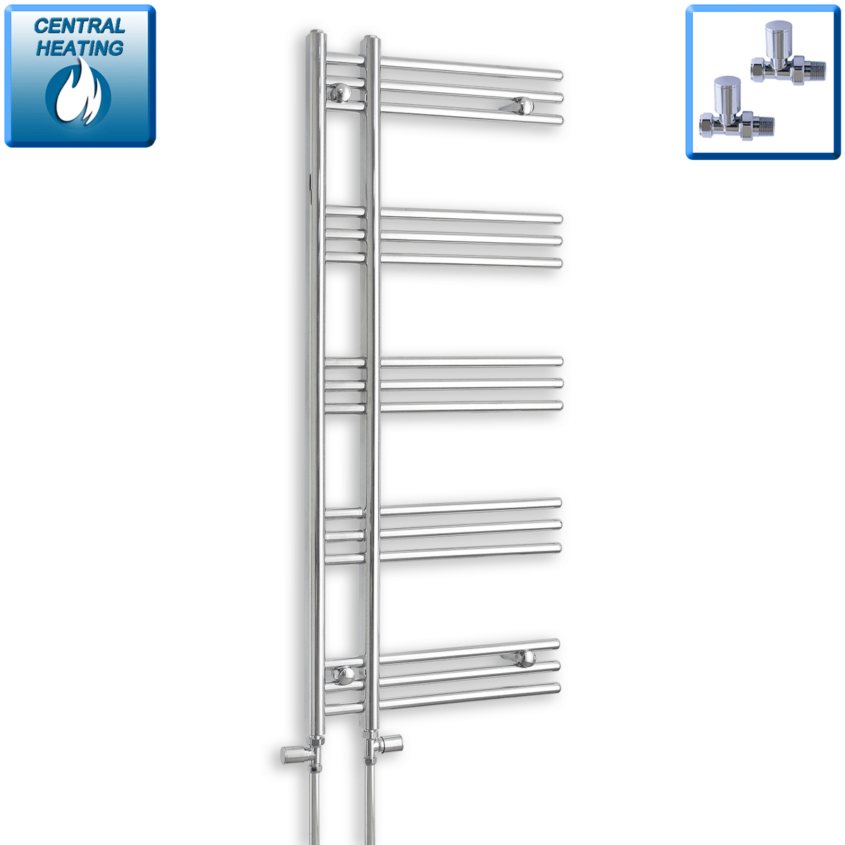 With Straight Inline Valves 1200 x 500 Difta Heated Towel Rail Radiator Flat Chrome