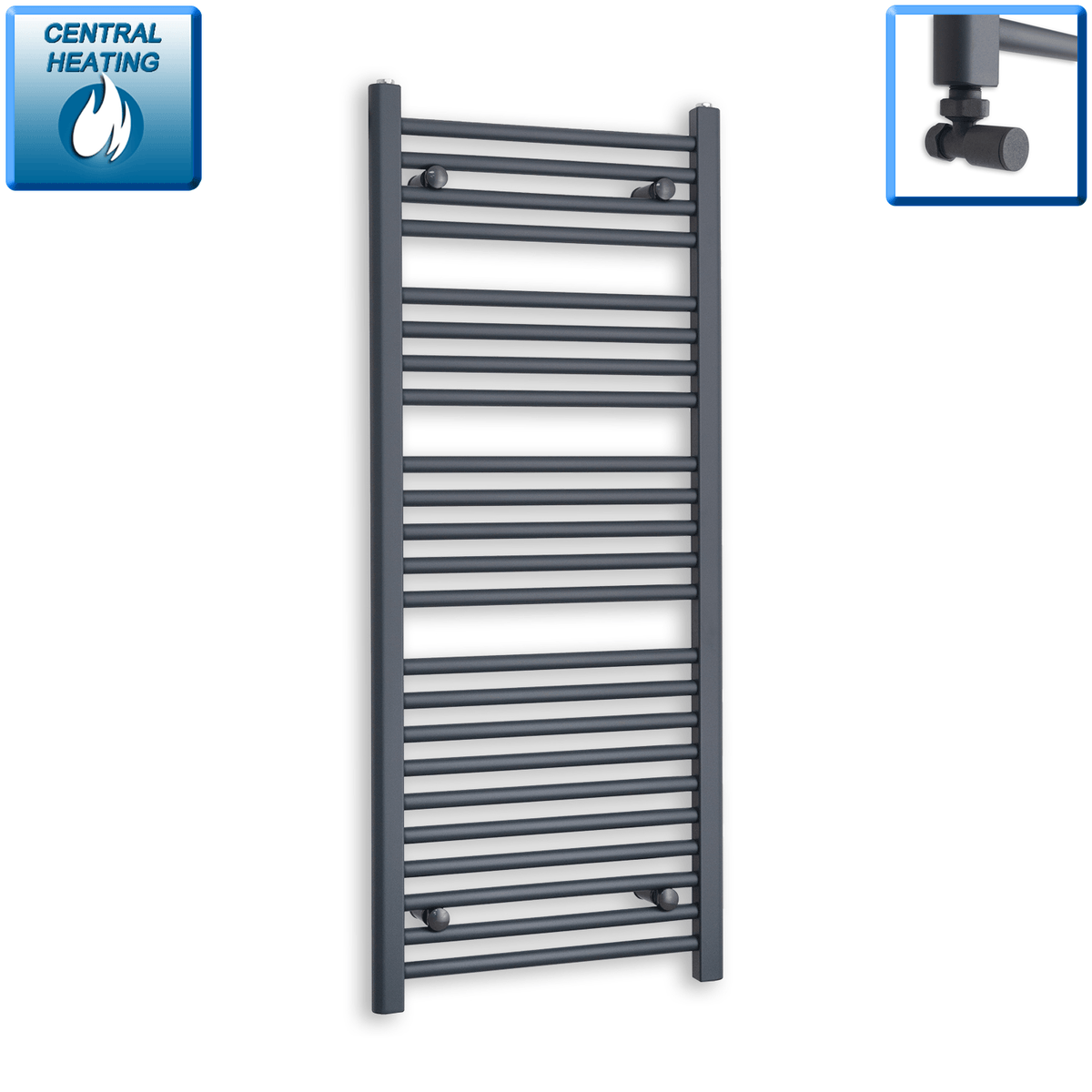 With Angled Valves 1200 x 500 Heated Straight Anthracite Towel Radiator