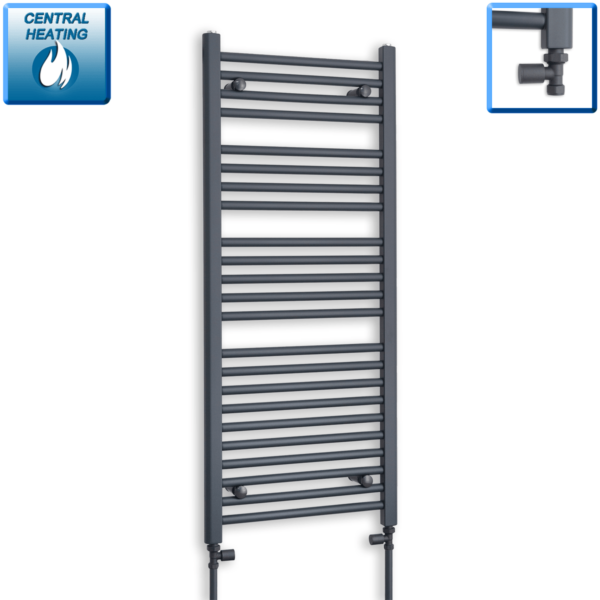 With Straight Inline Valves 1200 x 500 Heated Straight Anthracite Towel Radiator