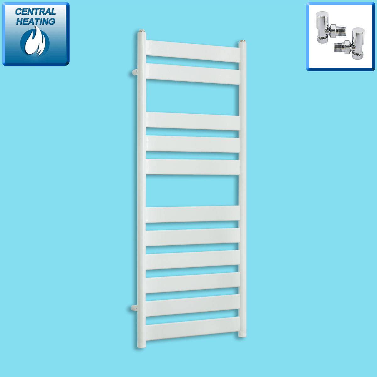 With Angled Valves 1200 x 500 White Heated Flat Panel Towel Radiator Central Heating