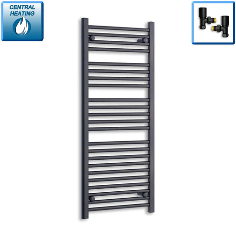 With Angled Valves 1200 x 550mm Wide Flat Black Towel Radiator