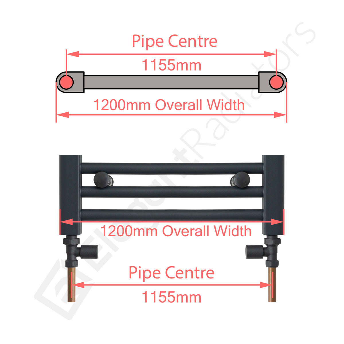 1200mm Wide Towel Rail Pipe Centre / Axis 1155mm diagram