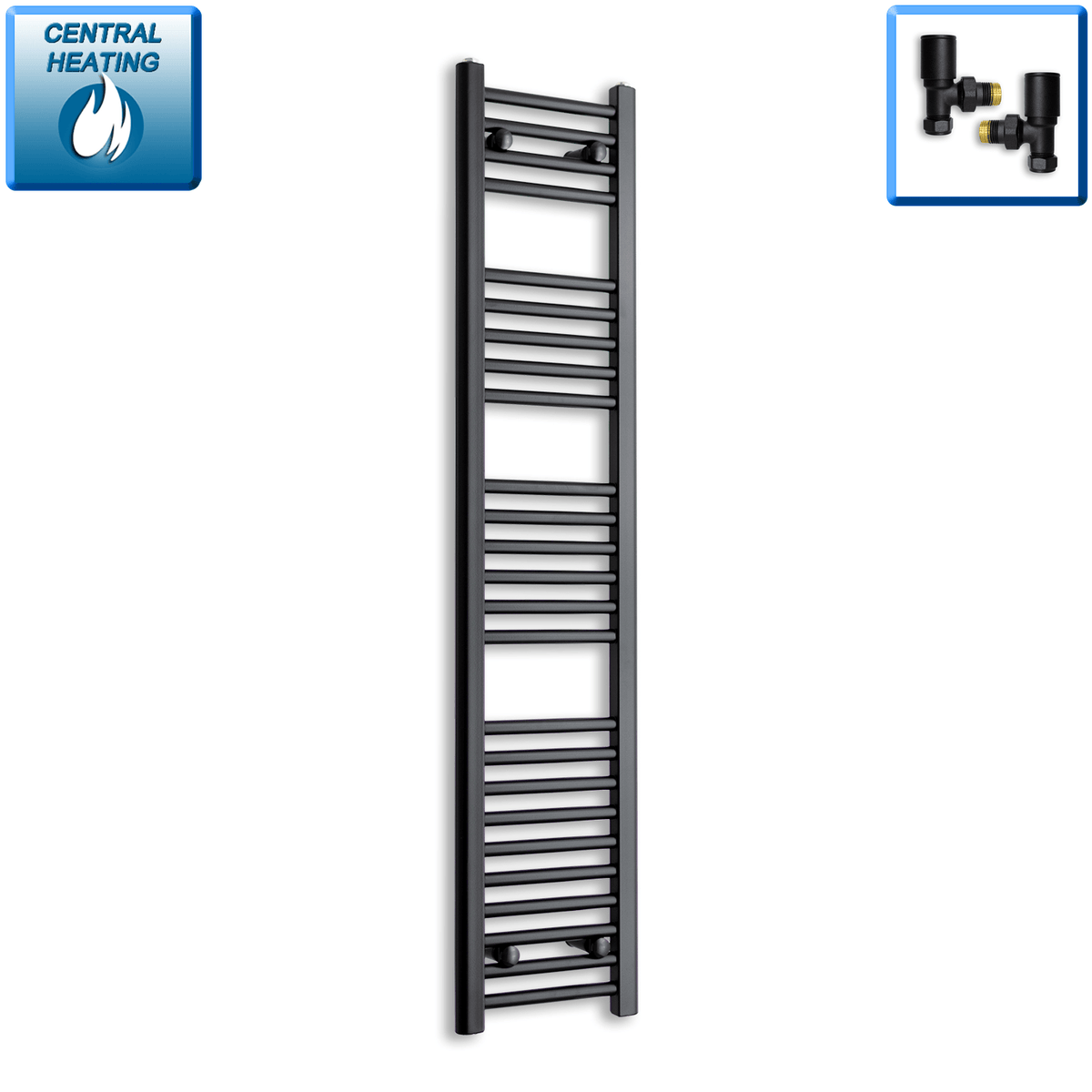 With Angled Valves 1400 mm High x 300 mm Wide Heated Towel Radiator Flat Black