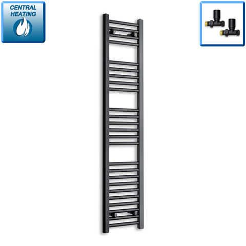 With Straight Inline Valves 1400 mm High x 300 mm Wide Heated Towel Radiator Flat Black