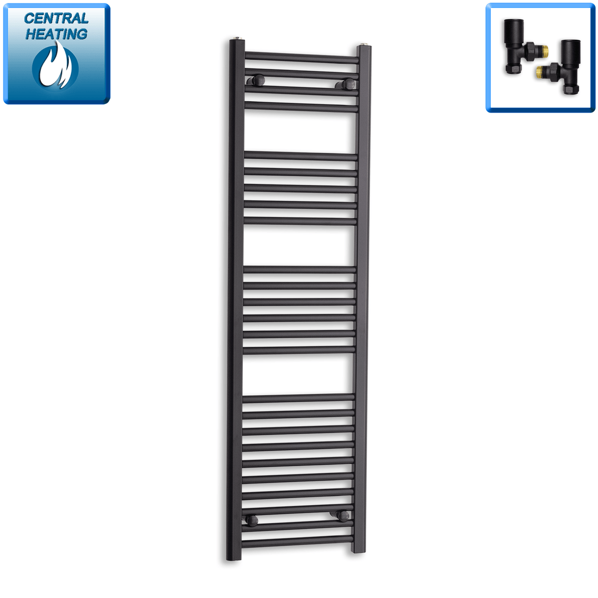 With Angled Valves 1400 mm High x 400 mm Wide Heated Towel Radiator Flat Black