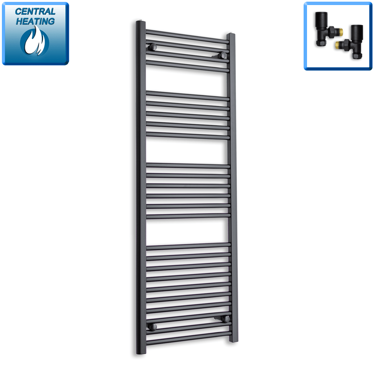 With Angled Valves 1400 mm High x 450 mm Wide Heated Towel Radiator Flat Black