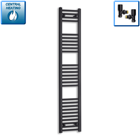 With Angled Valves 1600 mm High x 300 mm Wide Heated Towel Radiator Flat Black