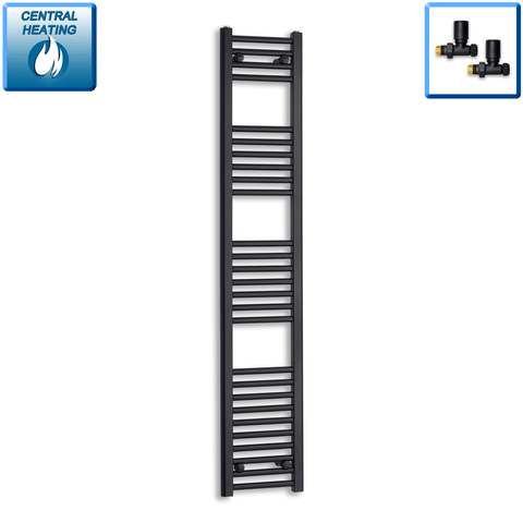 With Straight Inline Valves 1600 mm High x 300 mm Wide Heated Towel Radiator Flat Black